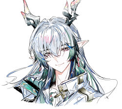  1boy arknights blue_hair closed_mouth cropped_shoulders earrings green_hair grey_hair hair_between_eyes hashtag-only_commentary highres jewelry long_hair looking_at_viewer male_focus multicolored_hair pink_eyes pointy_ears shiro_(acheng) simple_background smile solo white_background yi_(arknights) 