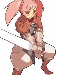  anime_coloring ankle_boots archived_source armor beads black_outline blue_eyes blush boots brown_boots character_request collar copyright_request couter cropped_jacket fantasy faulds fighting_stance foot_out_of_frame gauntlets hair_beads hair_bobbles hair_ornament half_updo high_collar holding holding_sword holding_weapon itsumo_nokoru knight legs_apart lips long_hair looking_at_viewer nose_blush outline pants parted_lips pink_eyes pink_hair popped_collar puffy_pants red_collar red_sleeves sidelocks silver_armor smile standing surcoat sword teeth thick_outlines turtleneck twintails vambraces weapon white_background white_pants 