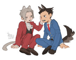  2boys ace_attorney animal_ears ascot blue_jacket blue_pants cat_ears cat_tail dog_ears dog_tail erm_nkcn fangs grey_hair highres jacket kemonomimi_mode male_focus miles_edgeworth multiple_boys necktie open_mouth pants phoenix_wright red_jacket red_necktie red_pants short_hair signature simple_background sitting tail white_ascot white_background 