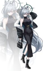  1girl absurdres alternate_costume animal_ear_fluff animal_ears bag belt black_jacket blue_archive blue_eyes boots breasts broken_halo commentary dark_halo earrings extra_ears fur-trimmed_jacket fur_trim grey_hair hair_over_one_eye halo hand_in_own_hair handbag highres holding holding_bag jacket jewelry large_breasts long_hair long_skirt lunel necklace shiroko_terror_(blue_archive) single_bare_shoulder single_off_shoulder skirt sleeveless sleeveless_turtleneck solo turtleneck very_long_hair white_background wolf_ears wolf_girl zoom_layer 
