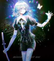  1other absurdres androgynous ascot black_ascot black_background black_jacket black_shorts blue_eyes blurry bob_cut bug butterfly butterfly_on_hand chinese_commentary chinese_text commentary_request commission contrapposto cowboy_shot cracked_skin crystal_hair diamond_(houseki_no_kuni) elbow_gloves english_text expressionless frilled_shirt_collar frills gem_uniform_(houseki_no_kuni) gloves glowing glowing_butterfly hair_between_eyes hand_up highres holding holding_sword holding_weapon holographic_hair hourai_kiriri houseki_no_kuni jacket katana lens_flare looking_to_the_side melting multicolored_hair other_focus parted_lips puffy_short_sleeves puffy_sleeves short_hair short_shorts short_sleeves shorts simplified_chinese_text solo standing sunburst sword thigh-highs watermark weapon white_butterfly white_gloves white_hair white_thighhighs 