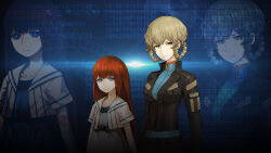 aged_down amane_suzuha amane_suzuha_(beta) belt belt_buckle black_jacket black_sash blue_dress blue_eyes blue_jacket blue_track_suit blunt_bangs bow braid breasts brown_hair buckle capri_pants cropped_jacket dress game_cg green_pants grey_pants hair_rings high_collar highres huke jacket jacket_over_jacket leather leather_jacket long_hair medium_breasts official_art official_wallpaper pants red_hair reflection ringed_eyes sash science_adventure shiina_kagari short_sleeves steins;gate steins;gate_0 track_jacket track_suit twin_braids twintails waist_bow waist_sash white_jacket yellow_eyes 
