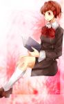  blush book bow brown_hair female_protagonist_(persona_3) footwear hair_ornament headphones kazanami persona persona_3 persona_3_portable red_eyes ribbon school_uniform skirt socks solo 