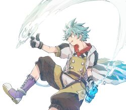  1boy :q another_eden belt black_belt blue_hair boots bottle buttons closed_mouth coat commentary_request dewey_(another_eden) double-breasted finger_gun floating floating_clothes foot_out_of_frame gloves hatching_(texture) holding holding_bottle hood hood_down hooded_sweater hydrokinesis lace-up_boots leg_up linear_hatching looking_to_the_side male_focus michibata_65 open_clothes open_coat outstretched_arm overall_shorts overalls profile puffy_short_sleeves puffy_sleeves purple_boots red_sweater short_hair short_sleeves simple_background solo spiky_hair sweater tongue tongue_out turning_head water water_bottle white_background white_coat white_gloves yellow_eyes yellow_overalls 