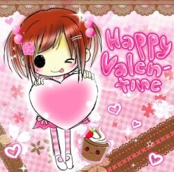  1girl 1other :3 bangs beads black_eyes blush blush_stickers brown_hair canihavepromo cherry_blossoms cute drinking_glass english english_text flower flower_on_head food hair_beads hairclip heart holding holding_heart one_eye_closed pigtails pink_ribbon pink_skirt ribbon shoes skirt socks strawberry striped striped_socks text tongue tongue_out twintails valentine white_shoes 