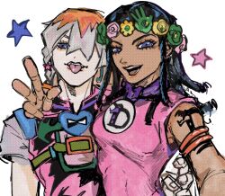  1girl arm_around_shoulder arm_tattoo armlet belt black_hair blue_eyes braid breasts brother_and_sister dark-skinned_female dark_skin dragona_joestar dreadlocks flower flower_wreath green_belt green_flower grey_hair grey_shirt hair_ornament hair_over_one_eye head_wreath heart_ornament highres jewelry jodio_joestar jojo_no_kimyou_na_bouken long_bangs long_hair looking_at_viewer male_focus medium_hair multicolored_hair naru_tomaki open_mouth orange_hair orange_lips overalls pink_overalls shirt short_sleeves siblings side_braid small_breasts smile star_(symbol) star_hair_ornament tattoo teeth the_jojolands tongue tongue_out two-tone_hair upper_body w white_background yellow_flower 