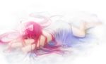  blanket bow hair_bow long_hair lying megurine_luka naked_sheet nude on_stomach pink_eyes pink_hair solo urami very_long_hair vocaloid 