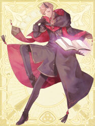  1boy belt black_belt black_boots black_cloak black_coat black_gloves black_horns black_pants blonde_hair book boots chain_paradox cloak clona coat crescent dark-skinned_male dark_skin floating floating_book floating_object full_body gem gloves glowing_book gold_trim hanatsuka_yaichi hand_up highres hood hooded_cloak horns knee_up light_particles long_sleeves looking_at_viewer male_focus object_floating_above_hand open_book pants parted_lips red_cloak red_eyes red_gemstone red_scarf scarf short_hair sideways_glance single_horn sleeve_cuffs solo standing standing_on_one_leg swept_bangs tassel two-sided_cloak two-sided_fabric 