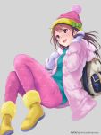  1girl :d backpack bag brown_eyes brown_hair hat hooded_jacket ilog long_hair looking_at_viewer occhan_(artist) official_art open_mouth sitting smile solo tagme 