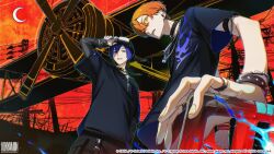 2boys aircraft airplane artist_name biplane black_pants black_shirt blue_eyes blue_hair bracelet commentary_request copyright_notice crescent_moon ear_piercing fingernails guest_art hair_between_eyes highres jewelry kaito kaito_(vocaloid) kunyamon_busy layered_shirt male_focus moon multiple_boys necklace official_alternate_costume official_art orange_hair pants piercing project_sekai red_sky rekindle_the_flame_(project_sekai) ring second-party_source shinonome_akito shirt sky twitter_username vivid_bad_squad_kaito vocaloid yellow_eyes
