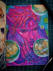  1boy 2025 battle_tendency black_eyes blowing_bubbles bubble caesar_anthonio_zeppeli colored_skin commentary feather_hair_ornament feathers fingerless_gloves gloves hair_ornament hand_up headband highres jacket jojo_no_kimyou_na_bouken looking_at_viewer male_focus marker_(medium) maya_panda photo_(medium) pink_hair pink_headband pink_jacket pink_scarf pink_skin pink_theme popped_collar purple_gloves scarf signature solo traditional_media triangle_print 