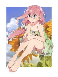  3girls absurdres barefoot blue_eyes blue_hair brown_hair flower highres kagamihara_nadeshiko long_hair mini_person minigirl multiple_girls pink_hair shima_rin short_hair smile sunflower toki_ayano yas_(yosiyasuyasu) yurucamp 