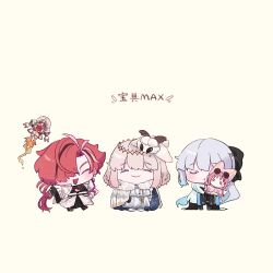  1girl 2boys black_bow blanca_(fate) bow bug closed_eyes fate/grand_order fate_(series) habetrot_(fate) hair_between_eyes hair_bow highres long_hair morgan_le_fay_(fate) morgan_le_fay_(second_ascension)_(fate) multiple_boys oberon_(fate) oberon_(second_ascension)_(fate) open_mouth pink_hair ponytail red_hair shigure_(ffrh7824) short_hair simple_background smile stuffed_toy white_background white_hair 