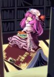  ameru.miro bad_id book bookmark bookshelf crescent finger_to_mouth hat highres lock oversized_object patchouli_knowledge purple_eyes purple_hair sitting sitting_on_object solo touhou violet_eyes 