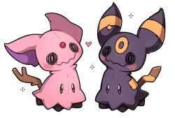  absurdres cosplay espeon espeon_(cosplay) full_body heart highres mimikyu no_humans pokemon pokemon_(creature) pokemon_focus sevi_(seviyummy) simple_background solid_oval_eyes umbreon umbreon_(cosplay) 