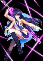  1girl aoi_sena ass black_shoes black_socks blazer breasts chaos;head clenched_teeth d-sword dress_shirt full_body glowing glowing_sword glowing_weapon highres holding holding_behind_back holding_sword holding_sword_behind_back holding_weapon holding_weapon_behind_back jacket kneehighs lapels leg_up loafers long_hair looking_at_viewer loose_necktie miniskirt necktie notched_lapels open_clothes open_collar open_jacket parted_lips petticoat plad_necktie plaid_clothes plaid_skirt pleated_skirt purple_hair red_trim school_emblem school_uniform science_adventure shirt shoes sidelocks skirt small_breasts socks solo standing standing_on_one_leg suimei_academy_school_uniform sword taba_neruko teeth violet_eyes weapon 