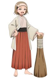  1girl anime_coloring black_sash breasts brown_eyes brown_hair brown_hakama club_(weapon) dokudami_(kunoichi_tsubaki_no_mune_no_uchi) fake_horns fang full_body grey_haori grey_kimono hakama hakama_skirt holding holding_club holding_weapon horns japanese_clothes kimono kunoichi_tsubaki_no_mune_no_uchi long_skirt long_sleeves looking_at_viewer ninja obi official_art okuda_yousuke open_mouth pleated_skirt sash short_hair simple_background skirt small_breasts solo standing tachi-e transparent_background v-shaped_eyebrows weapon wide_sleeves 