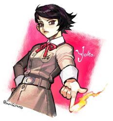  1girl artist_name belt border bow bowtie brown_eyes brown_hair character_name fire hand_on_own_hip hiromine_yoko long_sleeves nail_polish outstretched_arm red_border red_bow red_bowtie red_nails school_uniform shin_megami_tensei shin_megami_tensei_v shin_megami_tensei_v:_vengeance short_hair signature solo upper_body white_background yumiglymmtd 