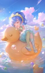  1girl artist_request asymmetrical_legwear bare_shoulders blue_dress blue_hair blue_sandals blue_sky blunt_bangs bow bow_hairband bowtie bubble bubble_skirt child closed_eyes clouds day dress fake_wings game_cg gradient_clothes gradient_dress green_bow green_bowtie green_dress green_hairband green_pantyhose green_scrunchie grey_socks hairband highres iridescent_foam_(shining_nikki) kneehighs light_particles marble_(toy) marina_(shining_nikki) medium_dress mismatched_legwear nikki_(series) official_alternate_color official_art open_mouth outdoors oversized_object pantyhose reflection reflective_water riding ripples rubber_duck sandals scrunchie shell shining_nikki short_hair single_kneehigh single_leg_pantyhose single_sock skirt sky sleeping sleeveless sleeveless_dress socks solo star_(symbol) striped_clothes striped_socks transparent_wings two-tone_dress water white_wings wings wrist_scrunchie 