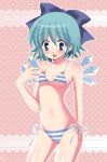  bikini blue_eyes blue_hair bow cirno hair_bow highres icicle kuriyama_sukoru polka_dot polka_dot_background short_hair side-tie_bikini solo string_bikini striped striped_bikini striped_swimsuit swimsuit touhou wings 