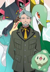  absurdres arms_behind_back beard black_shirt challia_bull choco_(chocovix112) closed_mouth collared_shirt commentary_request crossover dragapult duosion facial_hair green_jacket grey_eyes grey_hair gundam gundam_gquuuuuux highres jacket looking_at_viewer mustache necktie open_mouth pokemon pokemon_(creature) serperior shirt thick_eyebrows yellow_necktie 