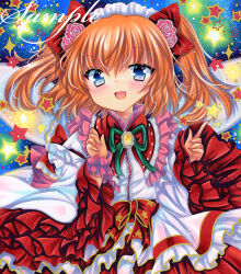  1girl blue_eyes bow dress flower frilled_dress frilled_hairband frills green_ribbon hair_bow hair_flower hair_ornament hairband long_sleeves looking_at_viewer marker_(medium) neck_ribbon open_mouth orange_hair pink_flower pink_rose red_bow ribbon rose rui_(sugar3) sample_watermark smile solo star_(symbol) sunny_milk touhou traditional_media two_side_up upper_body watermark wide_sleeves 