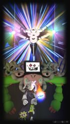  2016 3d 5boys alternate_form animal_ears anthro asriel_dreemurr asriel_dreemurr_(god_of_hyperdeath) barefoot black_background black_pants black_sclera claws colored_sclera delta_rune_(symbol) digital_media droopy_ears extra_eyes extra_mouth face_mark fangs floppy_ears flower flowey_(undertale) full_body furry furry_male goat goat_boy goat_ears goat_horns goat_tail green_eyes green_stripes highres horizontal-striped_clothes horns long_sleeves longsword97 looking_at_viewer male male_focus male_only mammal monster monster_boy multiple_boys multiple_forms multiple_persona no_legs outstretched_arms pants photoshop_flowey plant purple_robe red_claws red_sclera robe simple_background source_filmmaker_(medium) standing striped_clothes striped_sweater sweater tail tail_tuft television_screen two-tone_sweater undertale utdr_(toby_fox) white_fur white_horns wings yellow_flower yellow_sweater 