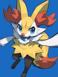  1other animal_ear_fluff animal_ears blue_eyes body_fur braixen fang furry looking_at_viewer makoto_ikemu open_mouth pokemon pokemon_(creature) pokemon_focus simple_background skin_fang smile snout solo tail white_fur yellow_fur 
