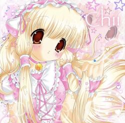  1girl 2000s_(style) :o animal_ears bangs bell bell_choker blonde_hair blush brown_eyes canihavepromo character_name chii chobits choker english english_text fingerless_gloves frilled_collar frilled_gloves frilled_sleeves frills gloves hair_tubes headband headwear heart holding holding_hair lolita_hairband long_bangs long_hair multicolored_clothes musical_note pale_skin pink_background pink_choker pink_gloves pink_headwear short_sleeves solo star_(symbol) text white_collar zoom_layer 
