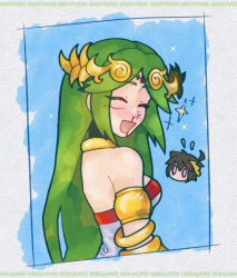  1girl ahoge artist_name blood circlet closed_eyes flying_sweatdrops gold_choker green_hair highres inset kid_icarus kid_icarus_uprising nosebleed open_mouth palutena pit_(kid_icarus) santurn solo_focus sparkle upper_body 