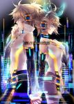  arm_warmers back-to-back blonde_hair brother_and_sister detached_sleeves hair_ornament hair_ribbon hairclip hand_holding headphones highres holding_hands kagamine_len kagamine_len_(append) kagamine_rin kagamine_rin_(append) popped_collar ribbon short_hair shorts siblings twins vocaloid vocaloid_append yutif 