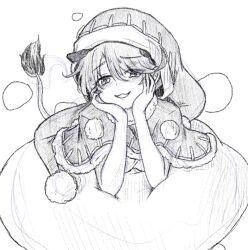  1girl :3 :d animal_ears capelet commentary doremy_sweet dream_soul greyscale hands_on_own_face hat looking_at_viewer monochrome nightcap open_mouth oshiaki smile solo tail tapir_ears tapir_tail touhou 