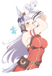  1girl animal_ears blush breasts brown_hat eitopondo gloves gold_ship_(umamusume) grey_hair hat highres horse_ears horse_girl horse_tail long_hair looking_at_viewer medium_breasts pink_eyes simple_background smile solo tail umamusume white_background white_gloves 