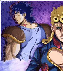  2boys anime_coloring araki_hirohiko_(style) armor back birthmark blonde_hair blue_eyes blue_hair blue_jacket blue_shirt braid braided_ponytail cleavage_cutout closed_eyes clothing_cutout earrings english_commentary father_and_son genda_art giorno_giovanna hair_bun high_collar highres jacket jewelry joestar_birthmark jojo_no_kimyou_na_bouken jonathan_joestar ladybug_ornament male_focus multiple_boys muscular muscular_male official_style parted_lips pauldrons phantom_blood scar scar_on_neck shirt shoulder_armor shoulder_pads single_hair_bun stud_earrings teeth vento_aureo wing_ornament 