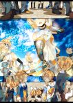  arm_warmers blonde_hair brother_and_sister detached_sleeves hair_ornament hair_ribbon hairclip hand_on_headphones headphones highres kagamine_len kagamine_len_(append) kagamine_rin kagamine_rin_(append) maple_(cyakapon) navel necktie ribbon scarf school_uniform serafuku short_hair shorts siblings smile twins vocaloid vocaloid_append 