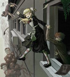  2boys 2girls :d animal apron blonde_hair closed_eyes commentary demeter_zelensky dog dress english_commentary flesh flesh_blood_&amp;_concrete flyer highres holding_hands horror_(theme) mary_janes multiple_boys multiple_girls neckerchief nika_(flesh_blood_&amp;_concrete) one_side_up pantyhose plant red_hair red_neckerchief shoes smile standing standing_on_one_leg striped_clothes striped_pantyhose throwing vines white_apron wide-eyed window windowsill 