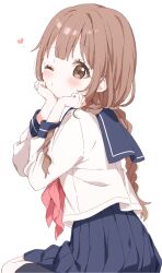  1girl blue_sailor_collar blue_skirt blush braid brown_eyes brown_hair buchi_(y0u0ri_) highres long_hair long_sleeves looking_at_viewer neckerchief one_eye_closed original pleated_skirt red_neckerchief sailor_collar school_uniform serafuku shirt simple_background skirt solo twin_braids upper_body white_background white_shirt 