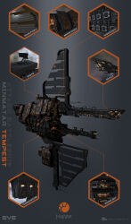 3d absurdres attack_ship_(eve_online) battleship_(eve_online) commentary company_logo company_name copyright_logo copyright_name dated english_commentary eve_online glowing grey_background hangar highres logo maya_(medium) military_vehicle minmatar_logo_(eve_online) minmatar_republic_(eve_online) no_humans pointing_out_the_details radar radiator radio_antenna realistic science_fiction solar_panel spacecraft tempest_(eve_online) thukker_mix_(eve_online) vehicle_focus vehicle_name ymir_jonsson 