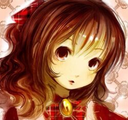 1girl :o bangs blush brown_eyes brown_hair canihavepromo checkered checkered_bow checkered_clothes collar female highres jpeg_artifacts looking_at_viewer open_mouth original patterned patterned_background ponytail red_shirt red_sleeves solo solo_focus vest wavy_hair white_vest