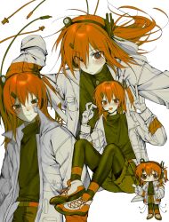  1girl a.i._voice adachi_rei black_pantyhose black_shirt blush blush_stickers cable chibi chibi_inset closed_mouth gloves grey_shorts hands_up highres hirune_(suiminbusoku118) jacket long_hair long_sleeves looking_at_viewer multiple_views open_clothes open_jacket open_mouth orange_eyes orange_hair pantyhose shirt shorts sitting smile utau white_gloves white_jacket 