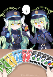  1boy 2girls amanatsu_uni armband artist_name black_background black_hat blue_archive blue_armband buttons commentary_request double-breasted earrings fang gloves green_hair green_halo halo hat highres hikari_(blue_archive) imminent_uno_loss_(meme) jewelry long_hair long_sleeves looking_at_viewer meme multiple_girls nervous_sweating nozomi_(blue_archive) peaked_cap pointy_ears pov pov_across_table pov_hands rabbit_pose sensei_(blue_archive) siblings simple_background sisters skin_fang speech_bubble surprised sweat train_conductor translated triangle_mouth turn_pale twins twintails twitter_username uno_(game) white_gloves yellow_eyes 