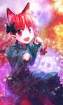  absurdres animal_ears bow braid cat_ears cat_pose extra_ears fangs glowing hair_bow highres ikmg kaenbyou_rin looking_at_viewer paw_pose pointy_ears red_eyes red_hair redhead short_hair skull solo touhou twin_braids twintails 