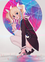  1girl arimura_hinae ass_peek black_shoes blonde_hair blue_eyes bow breasts chaaos;child chaos;child cropped_jacket dress dress_vest from_side hair_bow highres hip_focus loafers long_hair long_sleeves looking_at_viewer medium_breasts miniskirt nail_polish nanahosi15 non-web_source open_mouth ribbon sailor_collar science_adventure shoes short_dress skirt smile solo squatting teeth thigh-highs tongue twintails two_side_up upper_teeth_only white_bow white_hood white_sailor_collar white_thighhighs white_trim 