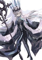  1girl black_dress black_gloves blue_eyes crown dress fate/grand_order fate_(series) fuwa2poms gloves hair_between_eyes halberd highres holding holding_polearm holding_weapon morgan_le_fay_(fate) morgan_le_fay_(queen_of_winter)_(fate) polearm ponytail simple_background solo spikes two-tone_dress weapon white_background white_hair 