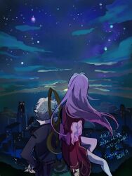  2boys black_jacket bow classicaloid clouds commentary_request conductor_baton dated facing_away grey_hair highres holding_baton jacket long_hair ludwig_van_beethoven_(classicaloid) male_focus multiple_boys night night_sky outdoors pantyhose pink_hair poomich red_jacket short_hair sky star_(sky) translation_request very_long_hair white_pantyhose wolfgang_amadeus_mozart_(classicaloid) 