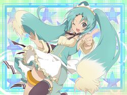  1boy 1girl aqua aqua_background blue_hair gradient_hair grey_eyes male mieu multicolored_hair personification solo tales_of_(series) tales_of_the_abyss thigh-highs thighhighs trap twintails white_hair wink 