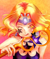  1girl bishoujo_senshi_sailor_moon blush character_name choker earrings gold_eyes jewelry mimete orange_(color) orange_background orange_eyes orange_hair short_hair smile solo star tiara tongue torao_(torakmn) wand wavy_hair wink witches_5 yellow_eyes 