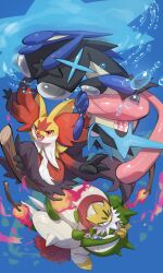 3others absurdres broom broom_riding bubble commentary fang fire furry grey_eyes highres holding holding_polearm holding_weapon looking_at_viewer mega_chesnaught mega_delphox mega_evolution mega_greninja mega_pokemon no_humans nullma pokemon pokemon_(creature) pokemon_legends:_z-a polearm red_eyes scarf shuriken tongue tongue_out upside-down weapon