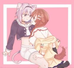  2girls aiokosaio animal_ears brown_eyes brown_hair cat_ears cat_girl cat_tail closed_mouth dog dog_ears dog_girl dog_tail eye_contact hololive inugami_korone inugami_korone_(1st_costume) inugami_korone_(dog) looking_at_another midriff multiple_girls nekomata_okayu nekomata_okayu_(1st_costume) nekomata_okayu_(school_uniform) official_alternate_costume purple_background purple_hair short_shorts shorts simple_background skirt smile tail tongue tongue_out violet_eyes virtual_youtuber yuri 