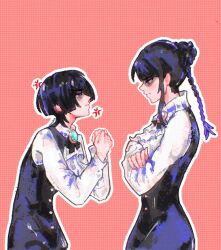  1boy 1girl alternate_costume alternate_hairstyle anger_vein ascot black_hair black_vest blue_brooch blunt_ends braid clenched_hands closed_mouth collared_shirt contemporary crossed_arms dress_shirt eyeliner eyeshadow formal_clothes from_side genshin_impact hair_bun hand_on_another's_arm lilixaxafj long_hair long_sleeves looking_at_another makeup mother_and_son multicolored_hair outline pink_background pink_lips purple_brooch purple_hair raiden_shogun red_eyeliner red_eyeshadow scaramouche_(genshin_impact) shaded_face shirt single_braid single_hair_bun single_sidelock streaked_hair tsurime undershirt vest violet_eyes white_ascot white_outline white_shirt white_sleeves 